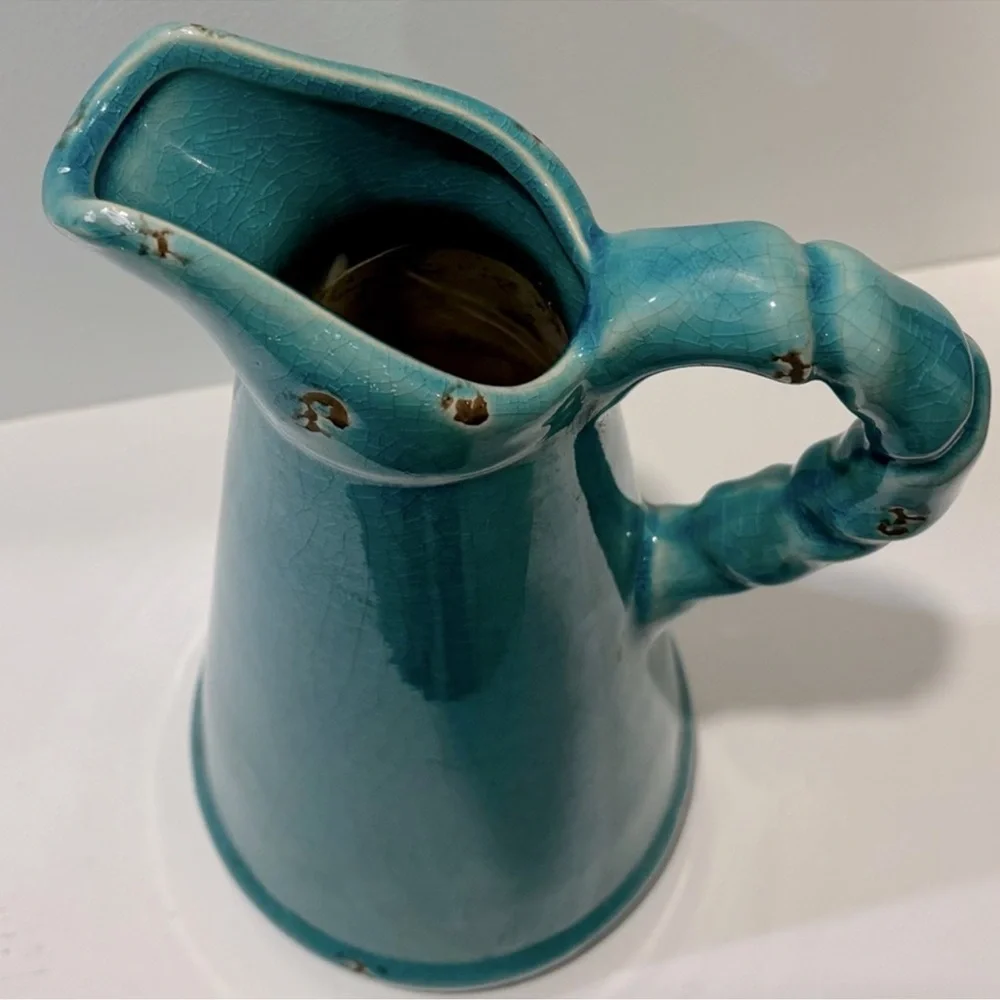 Vintage Pottery Vase Pitcher Water Jug Rustic Antique Glaze Turquoise Blue Green